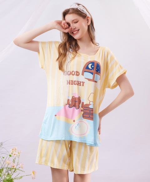 Good Night Short Sleeves Microfiber Top & Bottom Sleep Set
