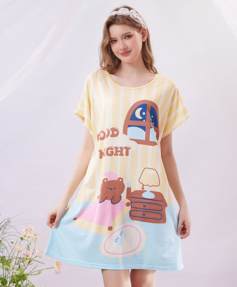 Good Night Microfiber Short Sleeves Sleep Dress