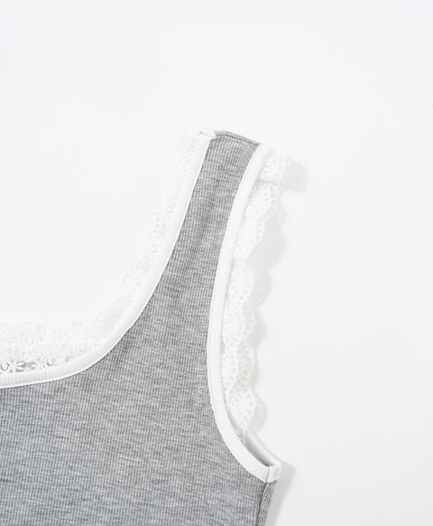 Stay Bloom Sleeveless Lace Trim Ribbed Vest