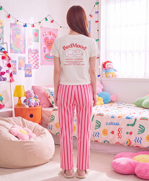 BedMood Cremo & Mello No Rush. No Rules Cotton Blend Short Sleeves Top & Long Pants Set - Pink