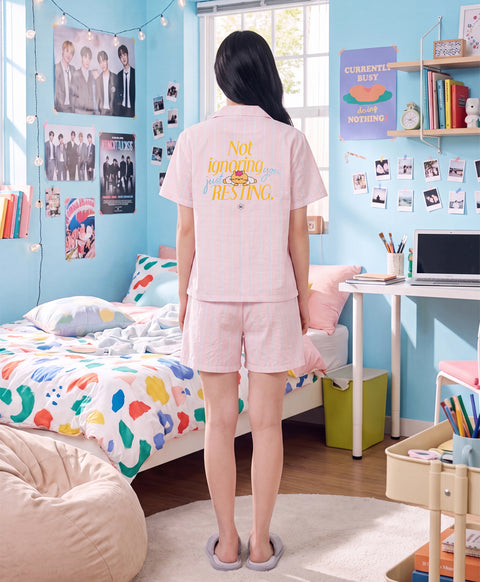 BedMood Mello Not Ignoring You, Just Resting Polyester PJ Short Sleeves Top & Shorts Set - Peach