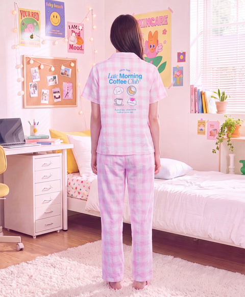 BedMood Cremo & Mello Join The Late Morning Coffee Club Polyester PJ Short Sleeves Top & Long Pants Set - Pink