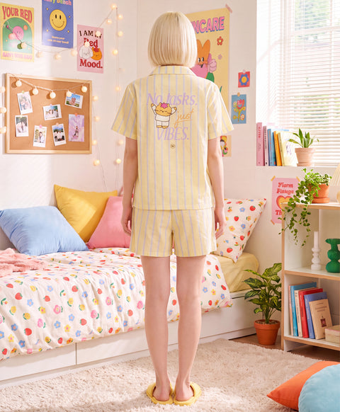 BedMood Mello No Tasks. Just Vibes Polyester PJ Short Sleeves Top & Shorts Set - Yellow