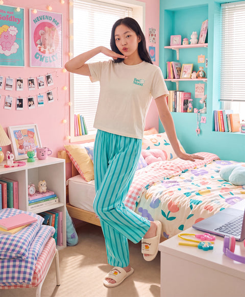 BedMood Cremo & Mello No Rush. No Rules Cotton Blend Short Sleeves Top & Long Pants Set - Green