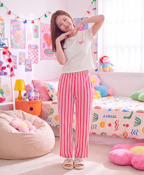 BedMood Cremo & Mello No Rush. No Rules Cotton Blend Short Sleeves Top & Long Pants Set - Pink