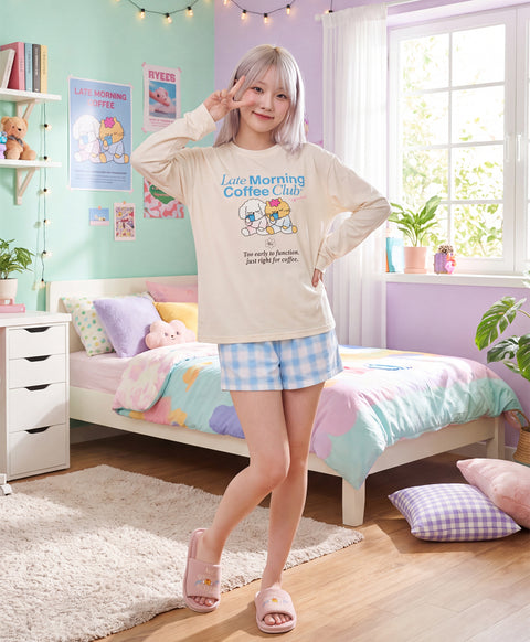 BedMood Cremo & Mello Late Morning Coffee Club Cotton Blend Long Sleeves Top & Shorts Set - Cream