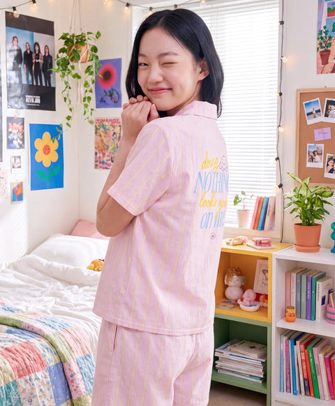 BedMood Cremo Doing Nothing Looks Good On Me Polyester PJ Short Sleeves Top & Shorts Set - Pink
