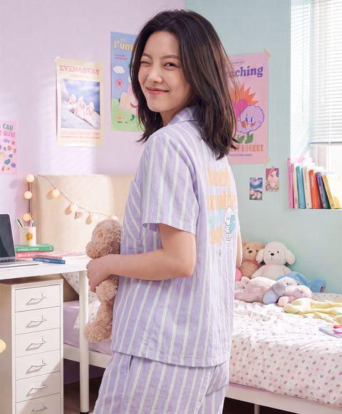 BedMood Cremo Mentally Unavailable. Physically Comfy Polyester PJ Short Sleeves Top & Shorts Set - Purple