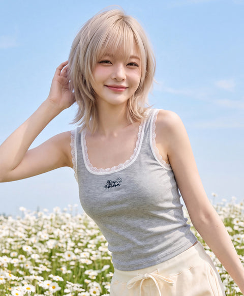 Stay Bloom Sleeveless Lace Trim Ribbed Vest
