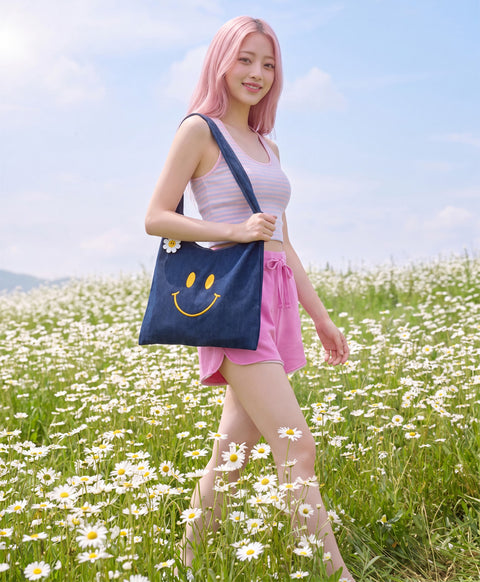 Stay Bloom Denim Smiley Tote Bag