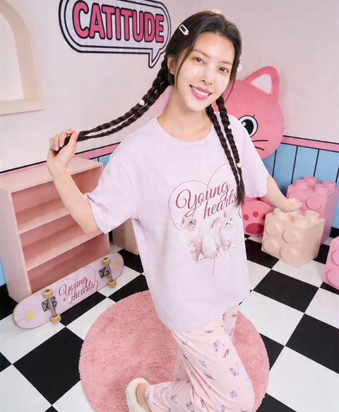 Catitude-ing Short Sleeves Top & Long Pants Set