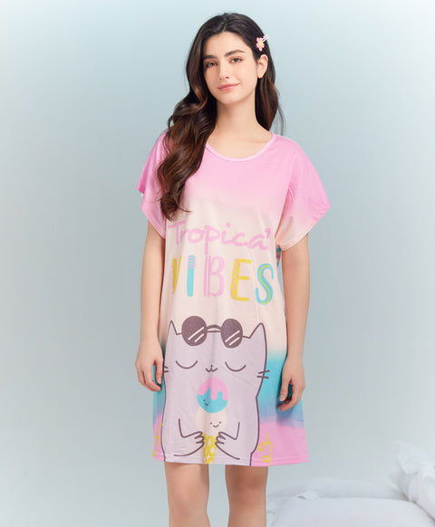 Tropical Vibes Microfiber Short Sleeves Sleep Dress