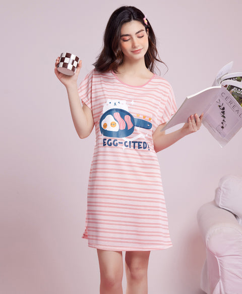 Egg-cited Short Sleeves Polyester Cotton Sleep Dress