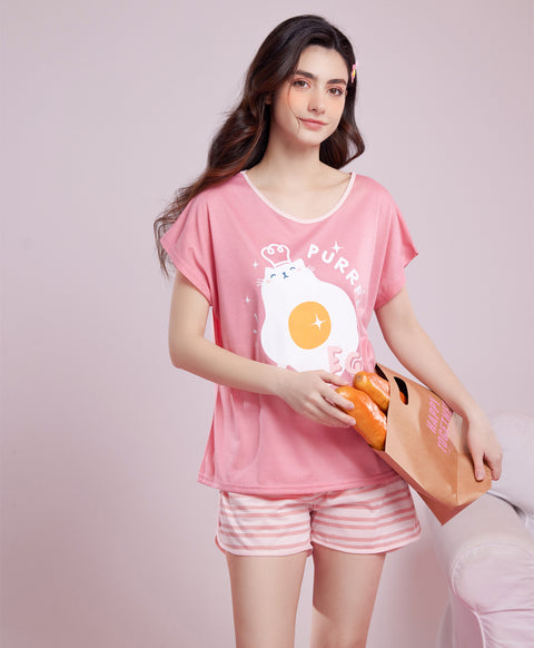 Purfect Egg Short Sleeves Polyester Cotton Top & Shorts Sleep Set