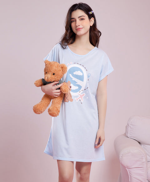 Lets Travel Short Sleeves Polyester Cotton Sleep Dress