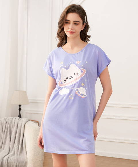 Kitty Planet Short Sleeves Polyester Cotton Sleep Dress