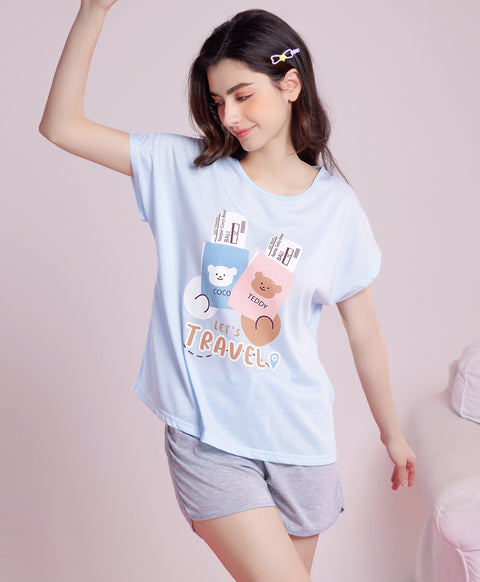 Lets Travel Short Sleeves Polyester Cotton Top & Shorts Sleep Set