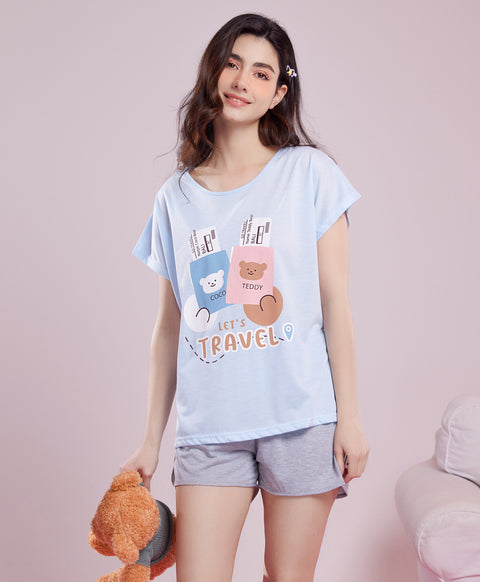 Lets Travel Short Sleeves Polyester Cotton Top & Shorts Sleep Set
