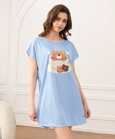 Coffee Bear Cup Short Sleeves Polyester Cotton Sleep Dress