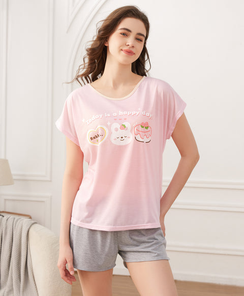 Rabbit, Today Is a Happy Day Short Sleeves Polyester Cotton Top & Bottom Sleep Set