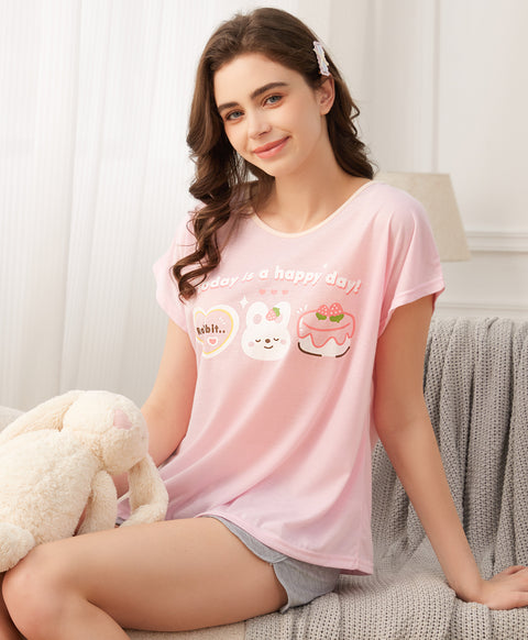 Rabbit, Today Is a Happy Day Short Sleeves Polyester Cotton Top & Bottom Sleep Set