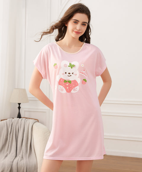 Rabbit Strawberry So Sweet Short Sleeves Polyester Cotton Sleep Dress