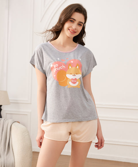 Squirrel Love You So Much Short Sleeves Polyester Cotton Top & Bottom Sleep Set