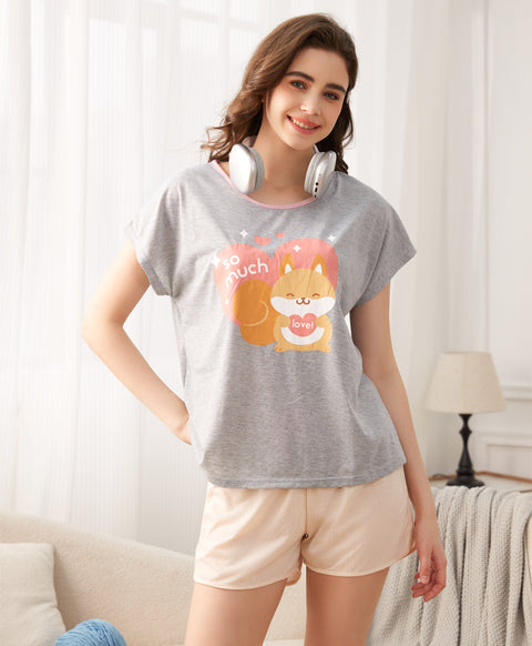 Squirrel Love You So Much Short Sleeves Polyester Cotton Top & Bottom Sleep Set