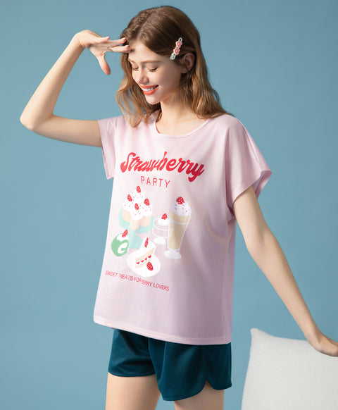 Strawberry Party Short Sleeves Top & Shorts Sleep Set