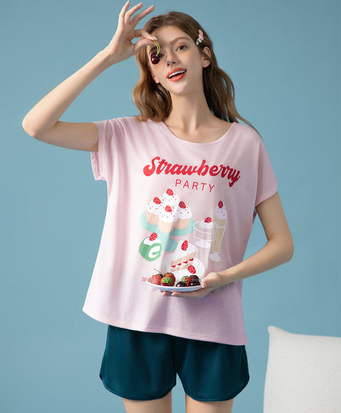 Strawberry Party Short Sleeves Top & Shorts Sleep Set