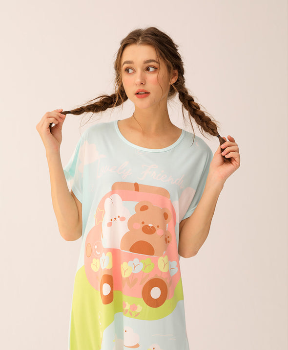 Rabbit and Bear On The Road Sleep Dress