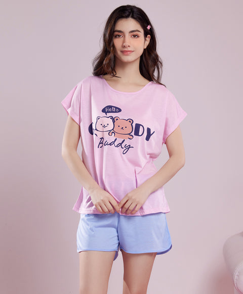 Hello Goody Buddy Short Sleeves Polyester Cotton Top & Shorts Sleep Set