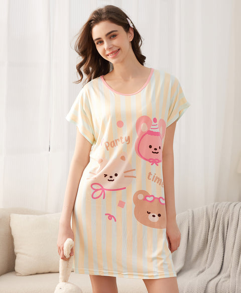 Cozy Animal Party Time Microfiber Short Sleeves Sleep Dress