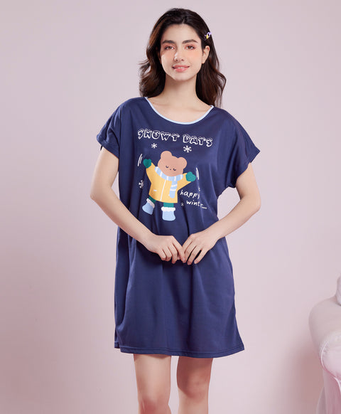 Snowy Days Happy Winter Short Sleeves Polyester Cotton Sleep Dress