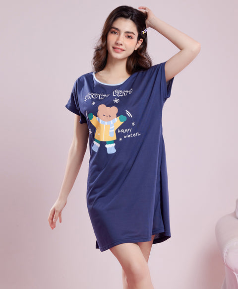 Snowy Days Happy Winter Short Sleeves Polyester Cotton Sleep Dress