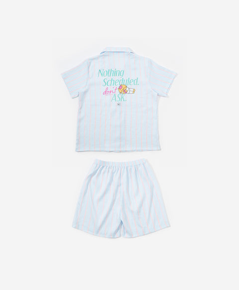 BedMood Mello Nothing Scheduled. Don't Ask. Polyester PJ Short Sleeves Top & Shorts Set - Blue