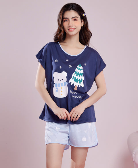 Happy Winter Short Sleeves Polyester Cotton Top & Shorts Sleep Set