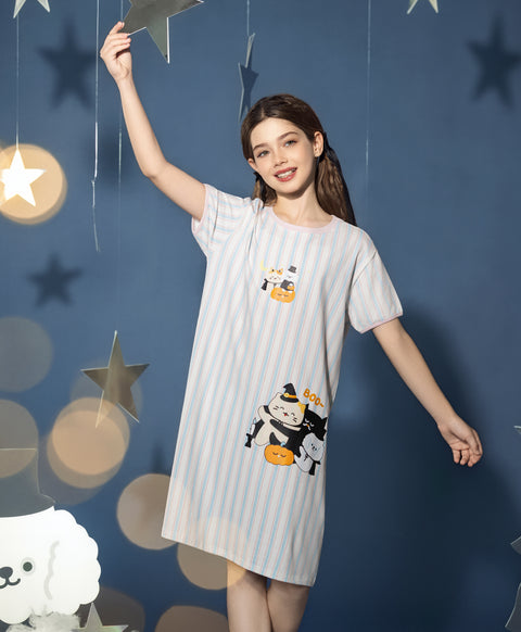 Junior Meow-lloweeen Party Short Sleeves Sleep Dress