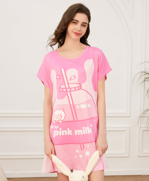 Lovely Pink Milk Lamb Microfiber Short Sleeves Sleep Dress
