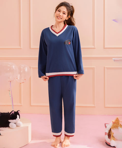 Cookies d'amore Long Sleeves Top With Pants Set-Dark Blue