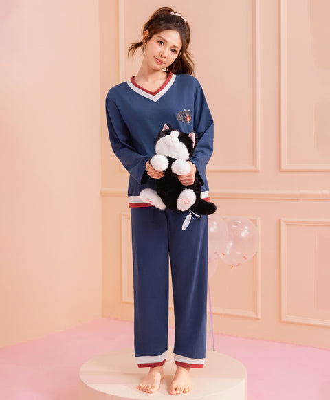 Cookies d'amore Long Sleeves Top With Pants Set-Dark Blue