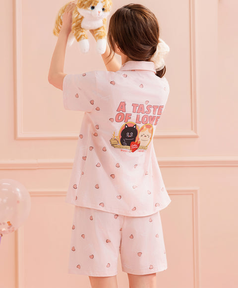 Cookies d'amore Satin Short Sleeve Top & Short PJ Set-Peach