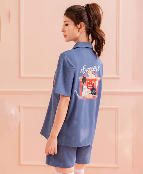 Cookies d'amore Satin Short Sleeve Top & Short PJ Set-Dark Blue