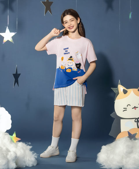 Junior Meow-lloweeen Party Short Sleeves Top and Short Sleep Set