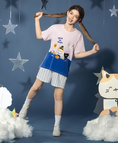 Junior Meow-lloweeen Party Short Sleeves Top and Short Sleep Set