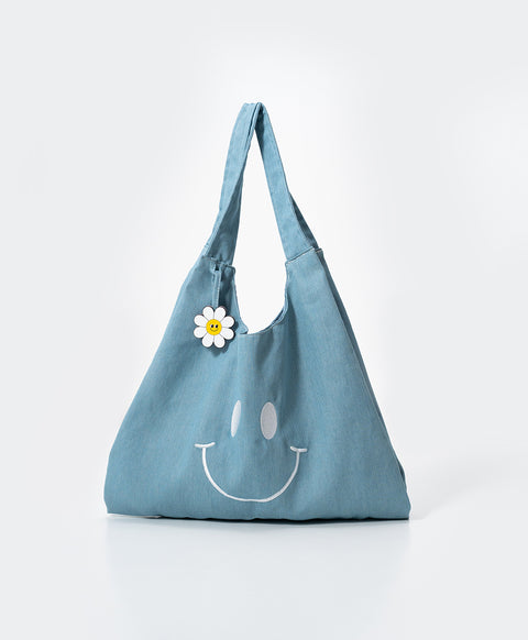 Stay Bloom Denim Smiley Tote Bag