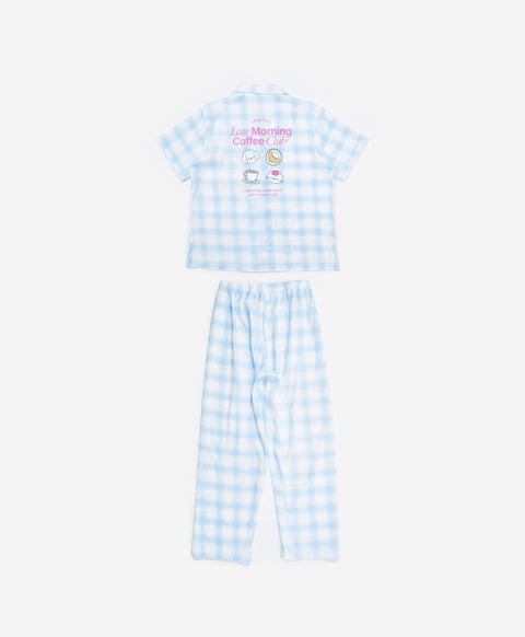 BedMood Cremo & Mello Join The Late Morning Coffee Club Polyester PJ Short Sleeves Top & Long Pants Set - Blue