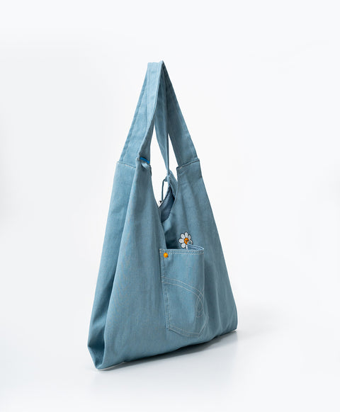 Stay Bloom Denim Smiley Tote Bag