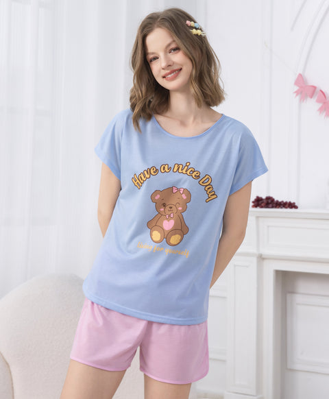 Have A Nice Day Short Sleeves Polyester Cotton Top & Shorts Sleep Set