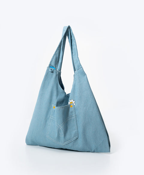 Stay Bloom Denim Smiley Tote Bag
